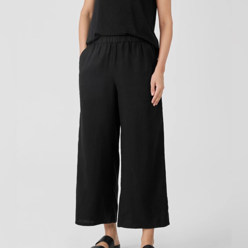 Eileen Fisher The Icon Wide Leg Crop Pants Organic Linen Black Size Small